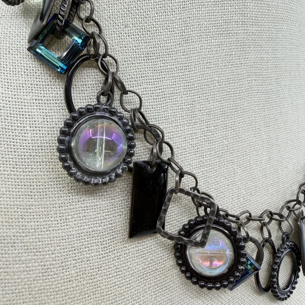 Gunmetal Iridescent Bead Blue Crystal Charm Necklace Gothic Statement Jewelry
